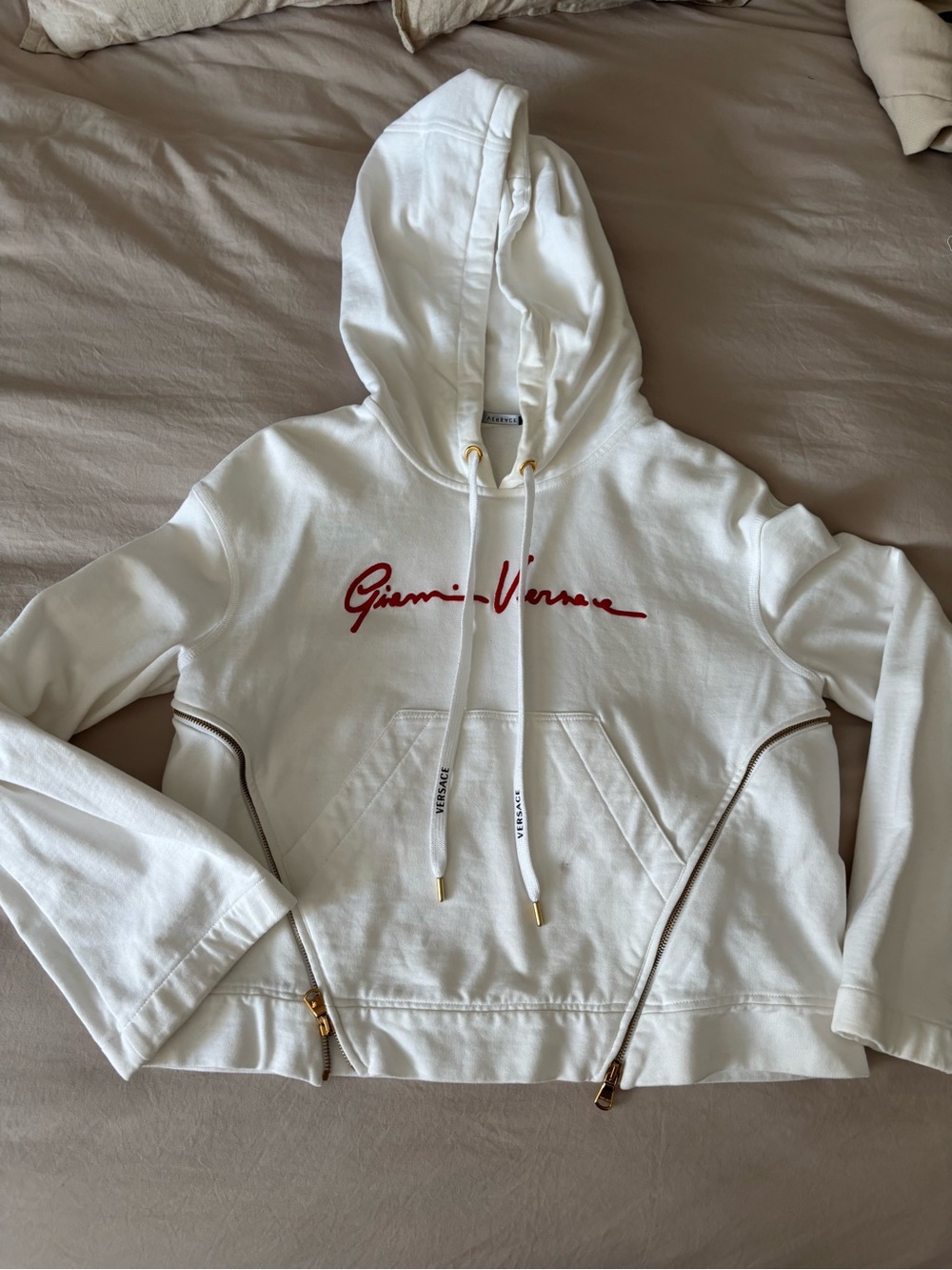 Versace White Hoodie with Red Script Signature